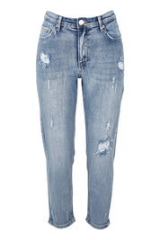 Product shot of the Vicky Distressed High Rise Jean in colour Blue (Blue), from the front