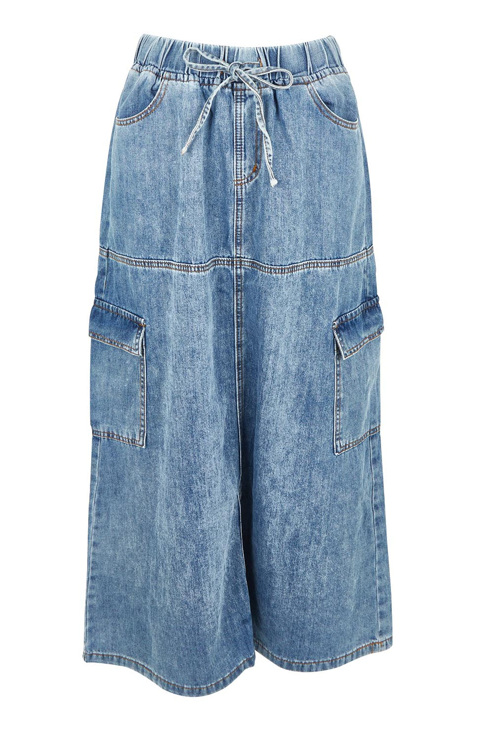 Product shot of the Millie Pull On Denim Skirt in colour Denim (Blue), from the front