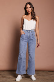 Model Madeline wearing size 9 of the Candice Wide Leg Jean in colour Lightblue (Blue), from the front, showing the whole outfit