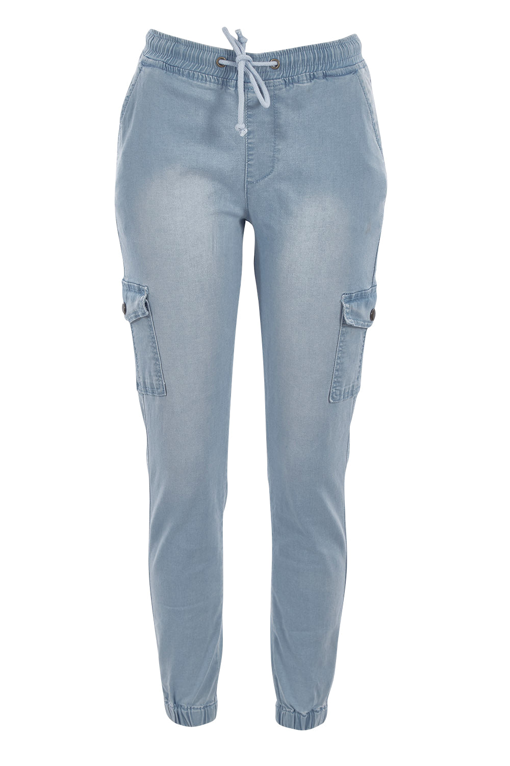 Product shot of the Harlow Cargo Jogger in colour Lightdenim (Blue), from the front