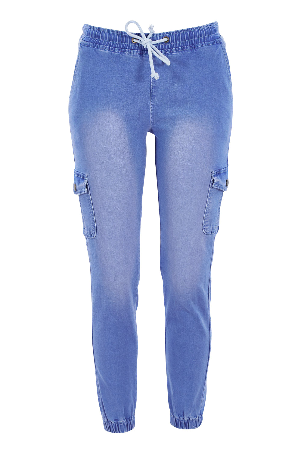 Product shot of the Harlow Cargo Jogger in colour Middenim (Blue), from the front