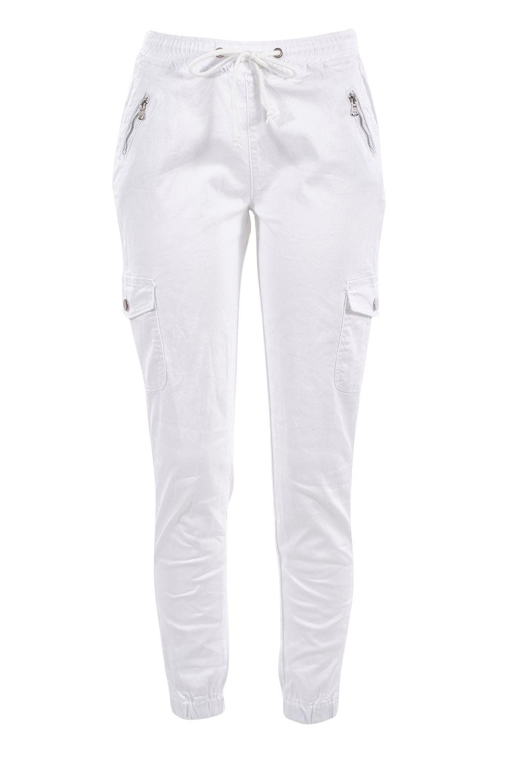 Product shot of the Harlow Cargo Jogger in colour White (White), from the front