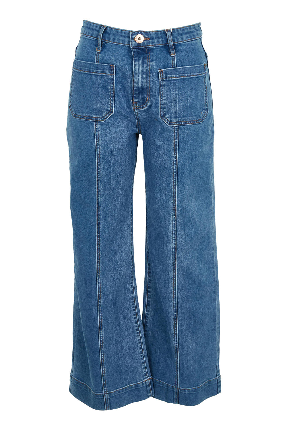 Product shot of the Charlotte High Waisted Front Pocket Wide Leg Jean in colour Middenim (Blue), from the front