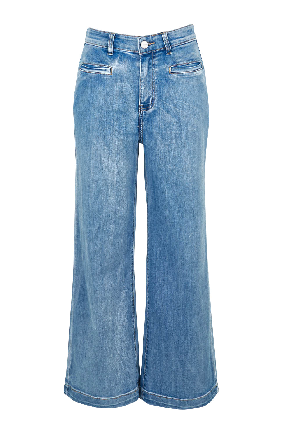 Product shot of the Hayley Highin colourWaisted Wide Leg Jean - Lightdenim (Blue), from the front