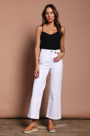 Model Madeline wearing size 9 of the Hayley Highin colourWaisted Wide Leg Jean - White (White), from the front, showing the whole outfit