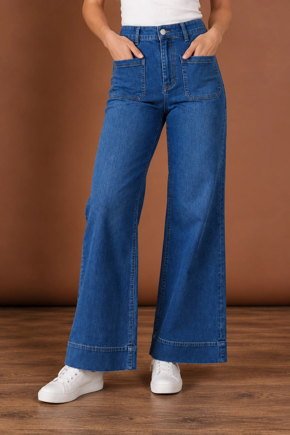 Model Genericm wearing size sample of the Katie High-Waisted Front Pocket Wide Leg Jean - Darkdenim in colour Darkdenim, in a cropped view