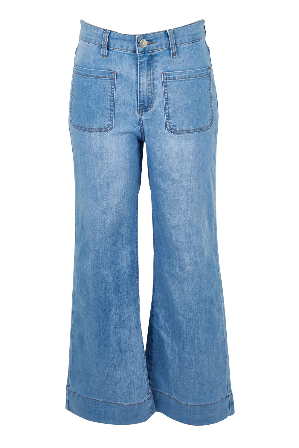 Product shot of the Katie Highin colourWaisted Front Pocket Wide Leg Jean - Fadedenim (Blue), from the front