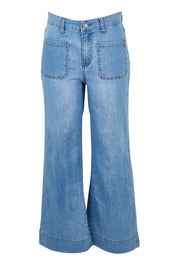 Product shot of the Katie Highin colourWaisted Front Pocket Wide Leg Jean - Fadedenim (Blue), from the front