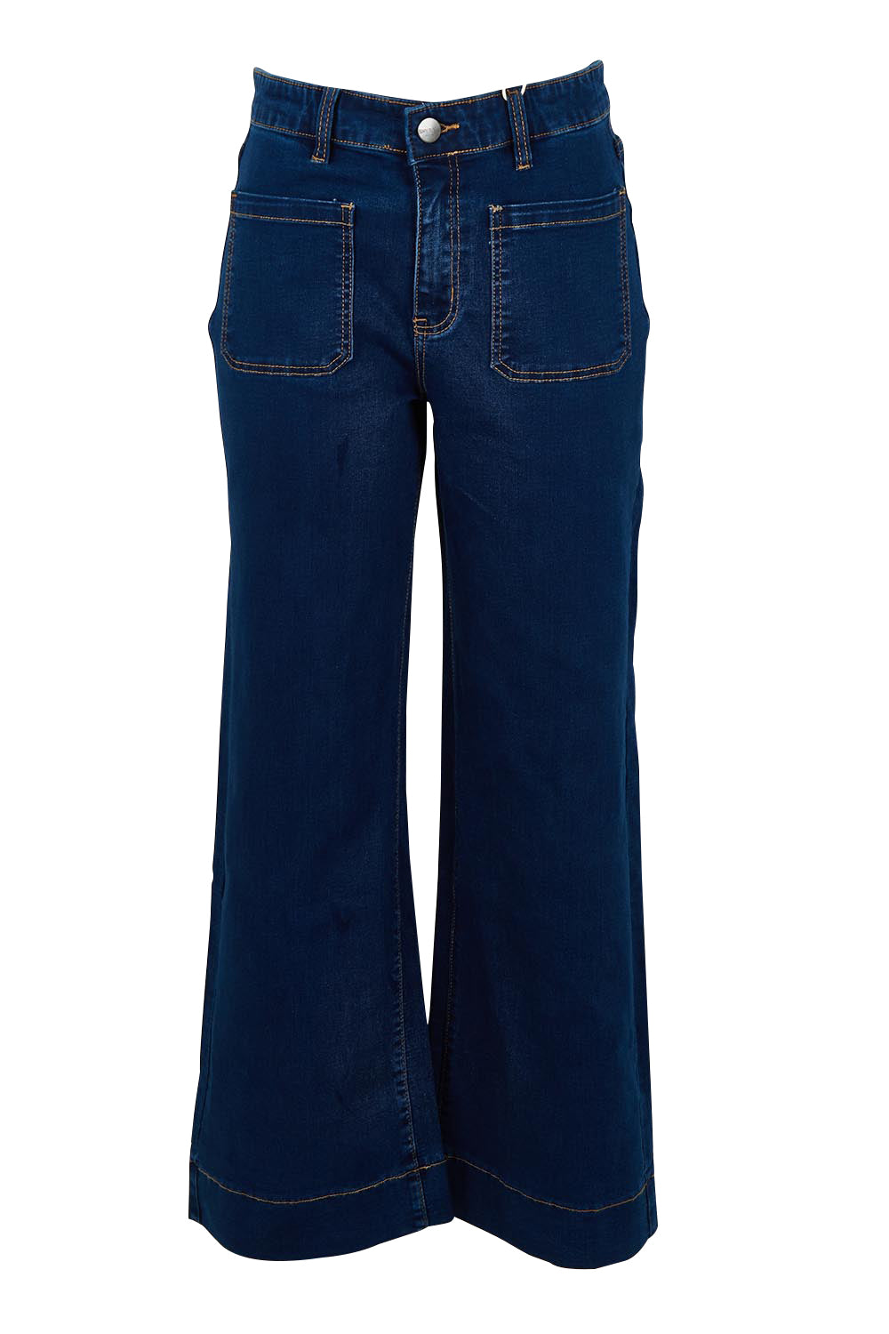 Product shot of the Katie Highin colourWaisted Front Pocket Wide Leg Jean - Indigoden (Blue), from the front