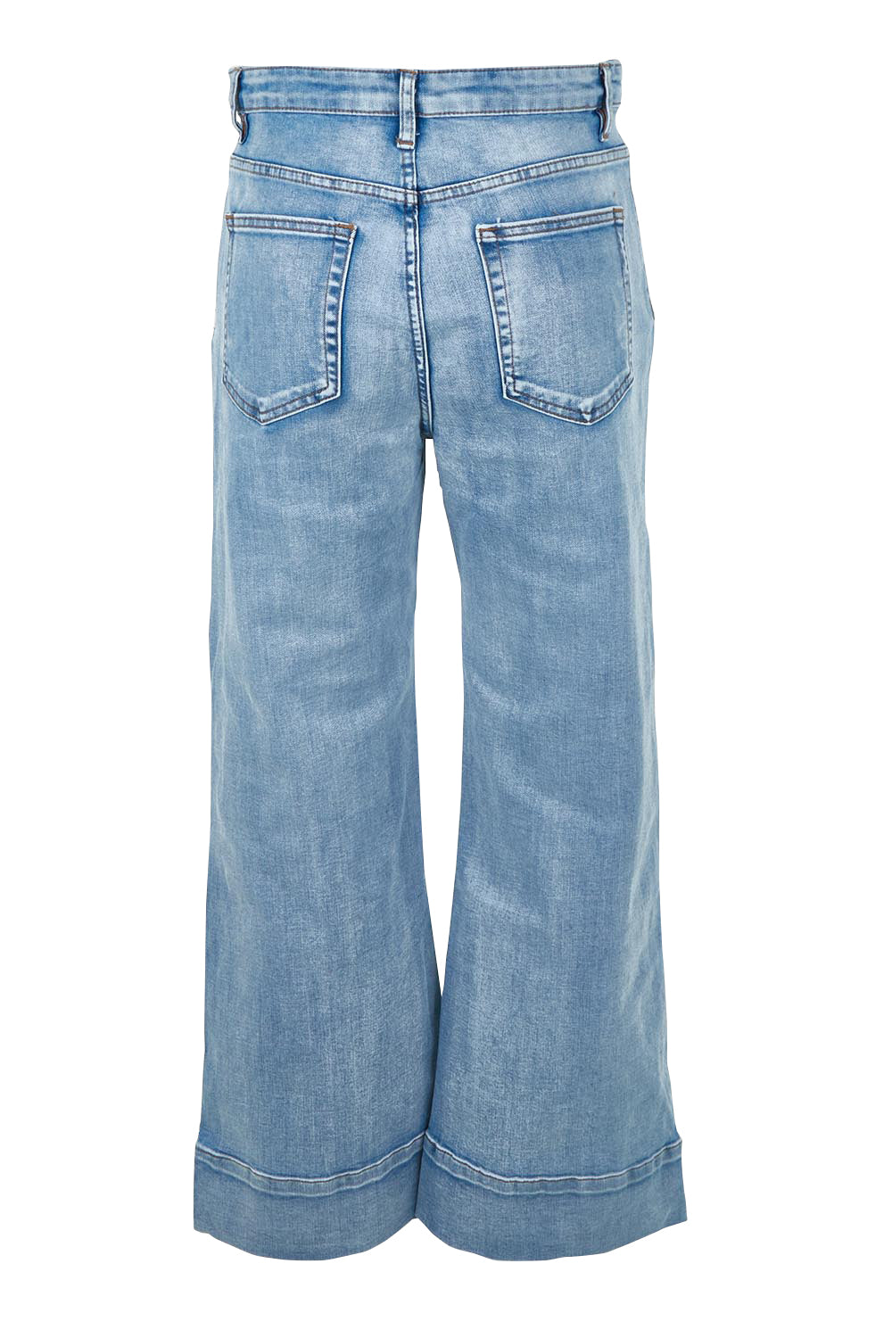 Product shot of the Katie Highin colourWaisted Front Pocket Wide Leg Jean - Paledenim (Blue), from the back
