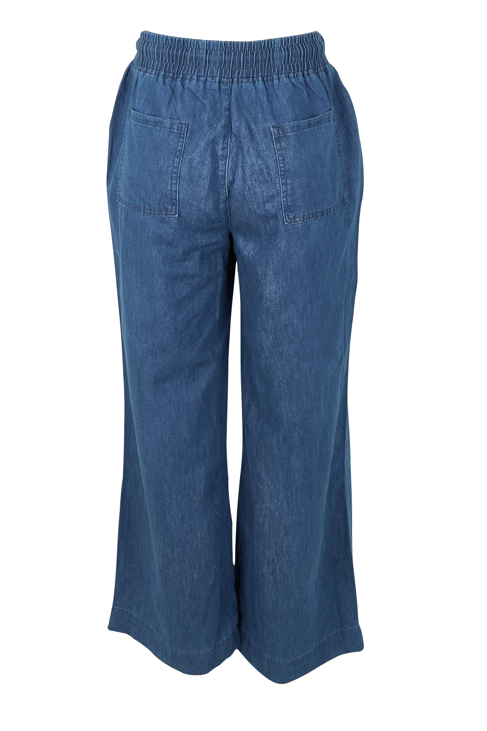 Product shot of the Maya Wide Leg Drawstring Jean in colour Middenim (Blue), from the back