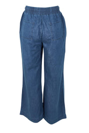 Product shot of the Maya Wide Leg Drawstring Jean in colour Middenim (Blue), from the back