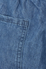 Product shot of the Maya Wide Leg Drawstring Jean in colour Middenim (Blue), detail