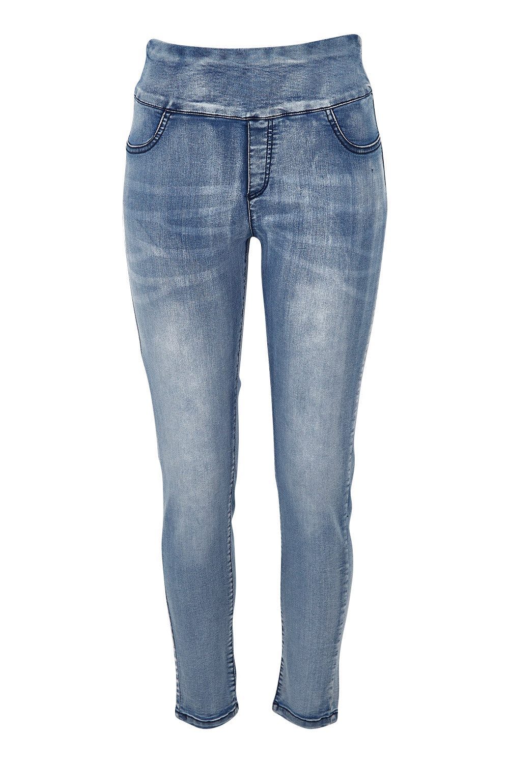 Product shot of the Paige Pull On Jean in colour Lightblue (Blue), from the front