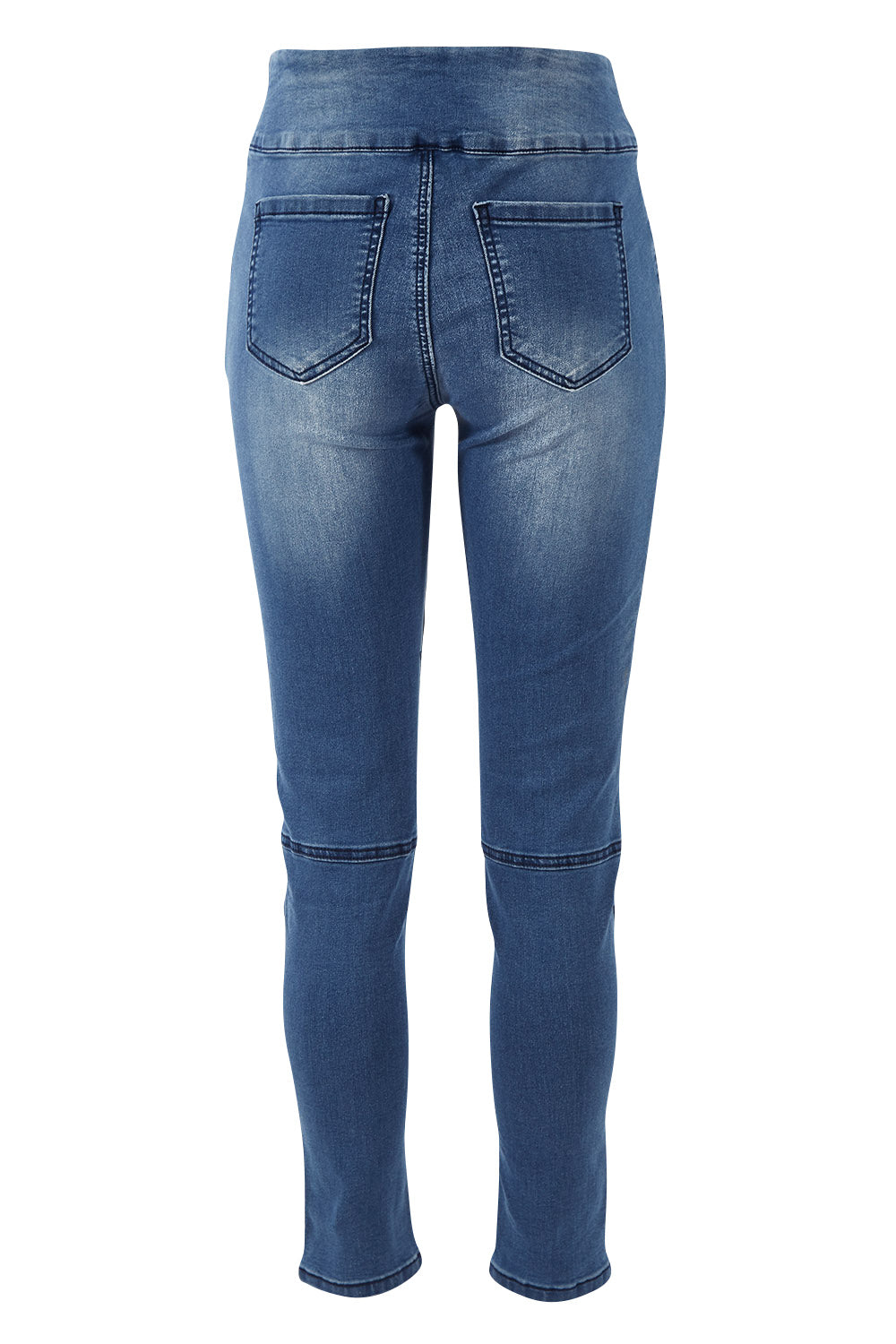 Product shot of the River Ribbed Pull On Jean in colour Midblue (Blue), from the back