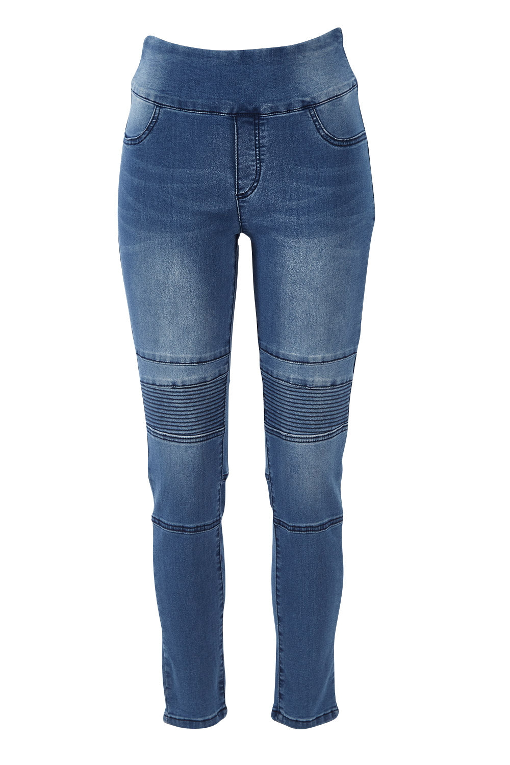 Product shot of the River Ribbed Pull On Jean in colour Midblue (Blue), from the front