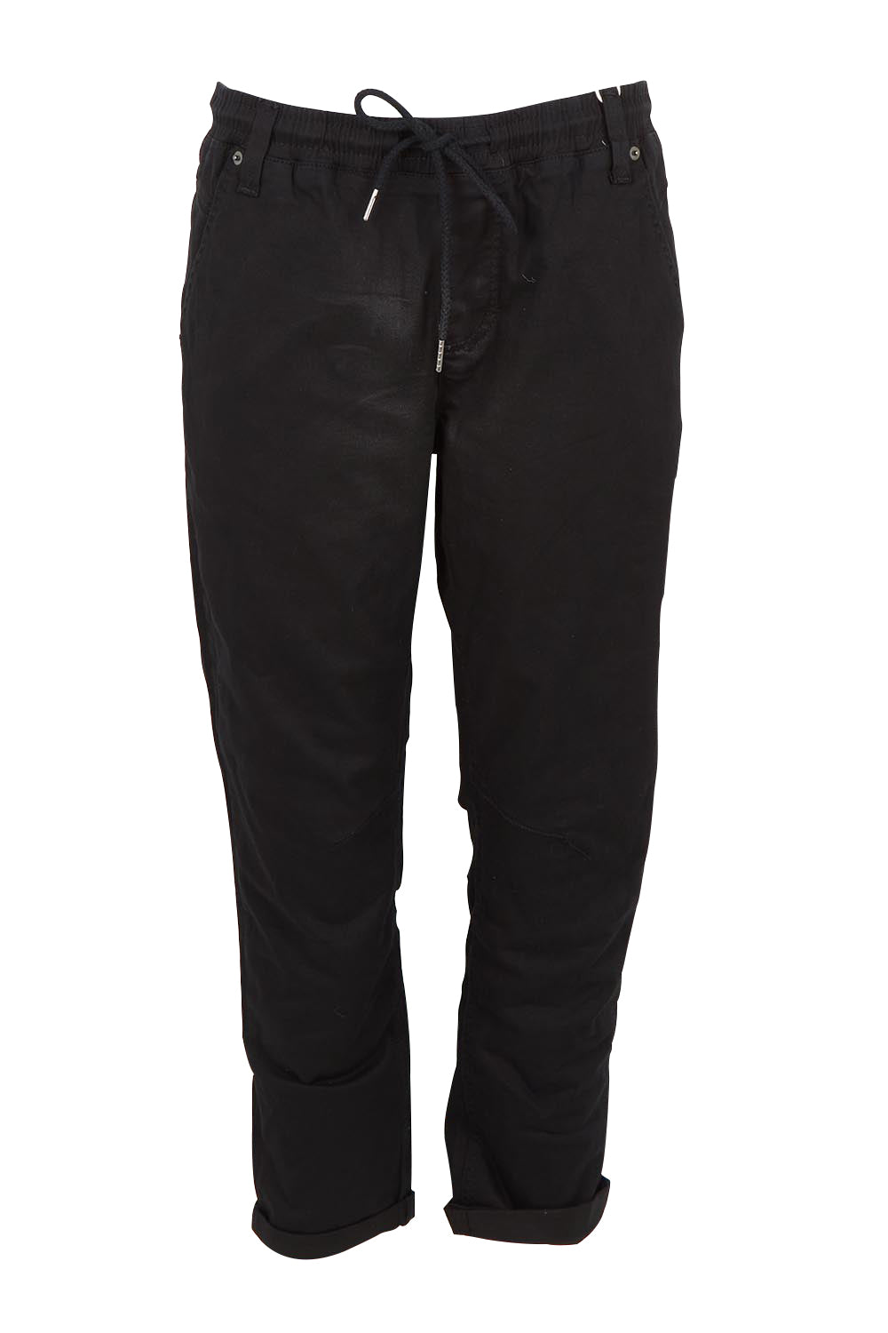 Product shot of the Robin Drawstring Pull On Pant in colour Black (Black), from the front