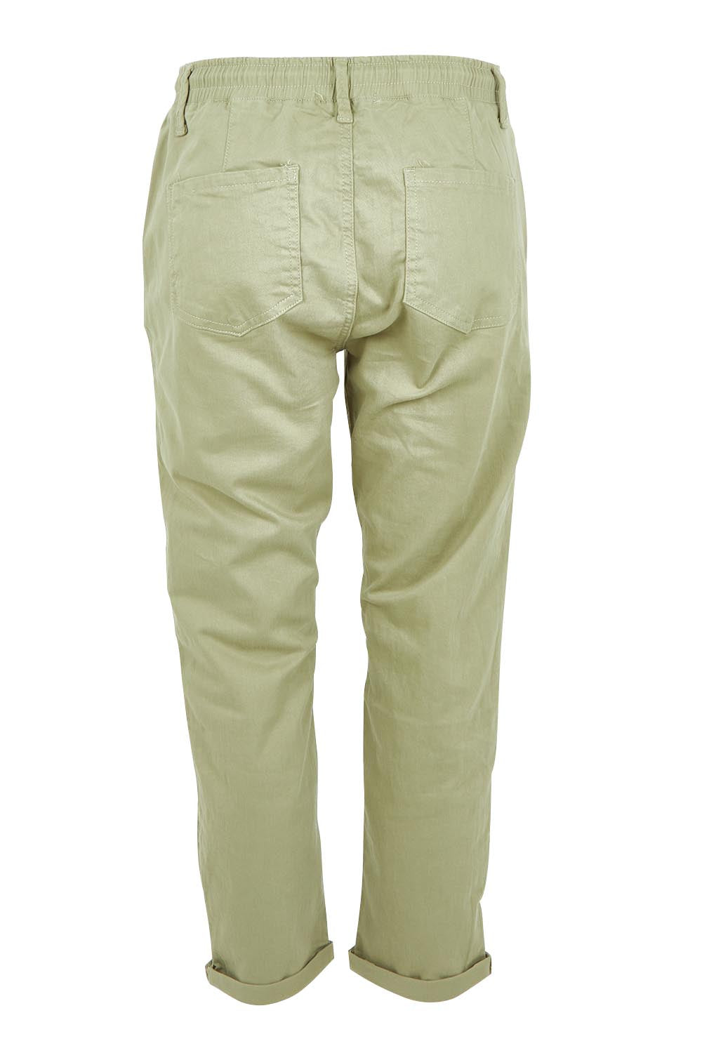 Product shot of the Robin Drawstring Pull On Pant in colour Khaki (Green), from the back