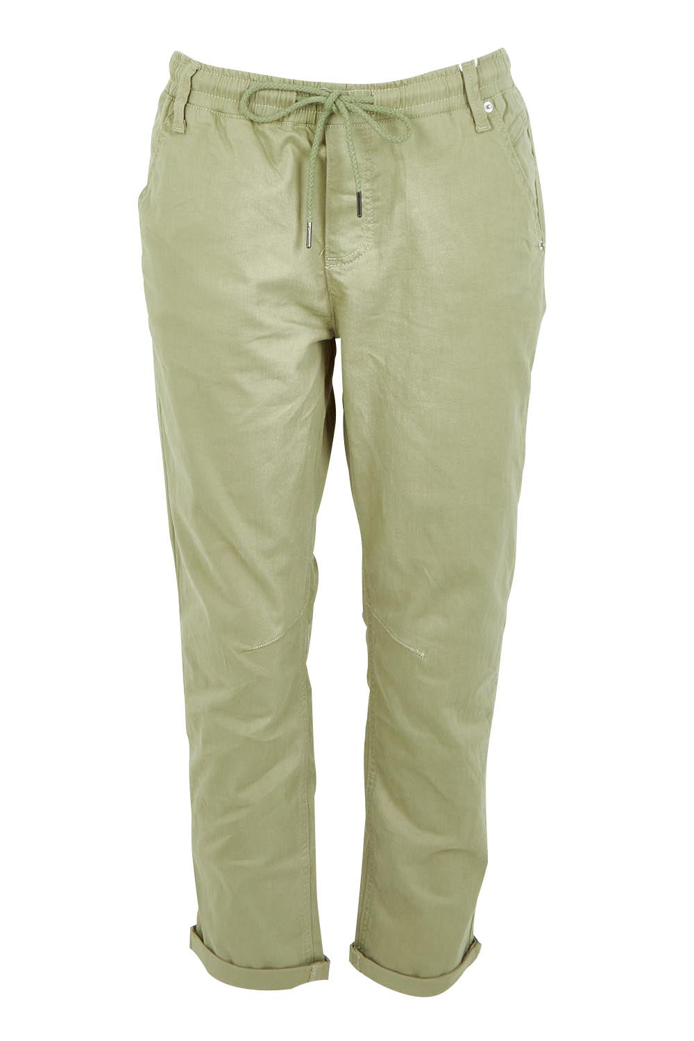 Product shot of the Robin Drawstring Pull On Pant in colour Khaki (Green), from the front