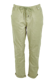 Product shot of the Robin Drawstring Pull On Pant in colour Khaki (Green), from the front