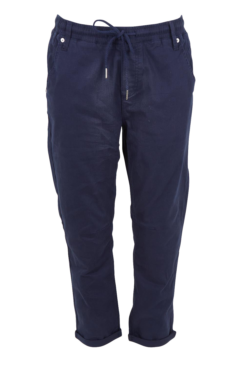 Product shot of the Robin Drawstring Pull On Pant in colour Navy (Blue), from the front