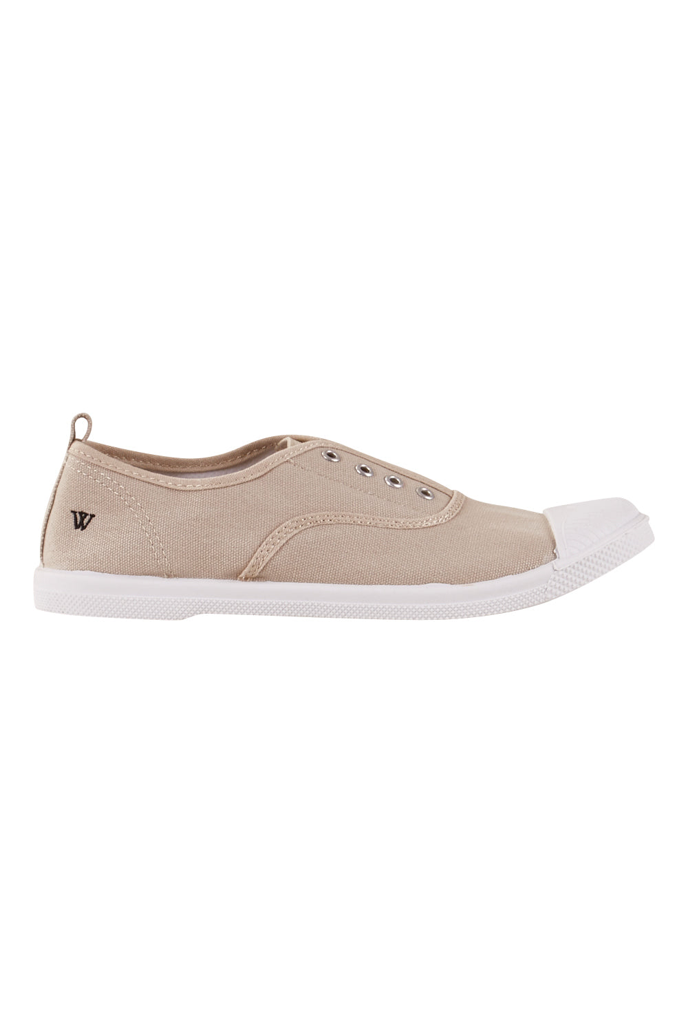 Product shot of the Euro Elastic Plimsole in colour Sand, from the front