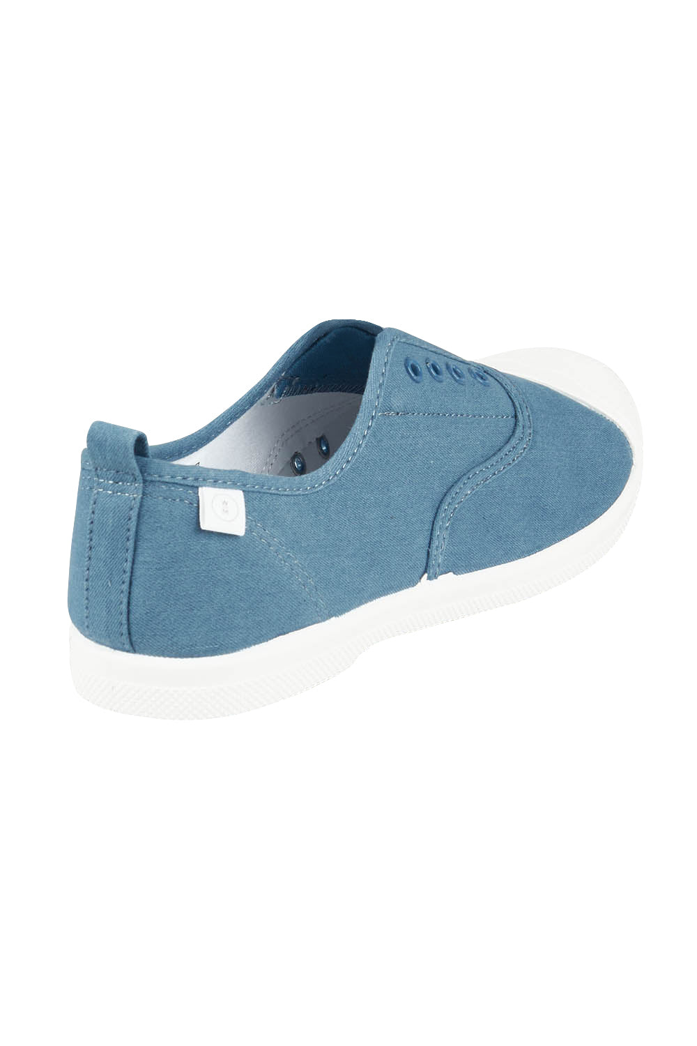 Product shot of the Euro Plimsole in colour Denim (Blue), from the back
