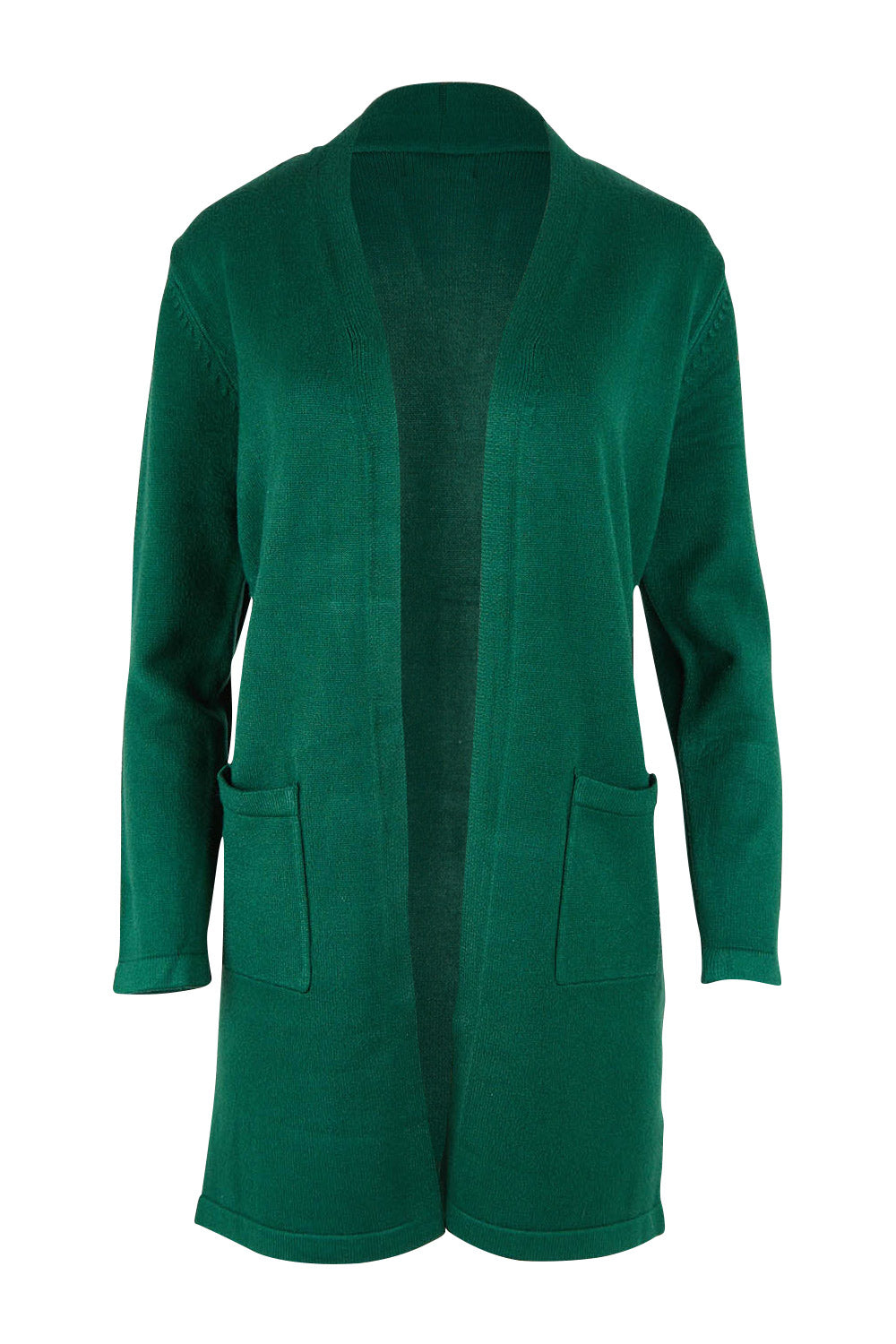 Product shot of the Long Sleeve Open Cardi in colour Forest (Green), from the front
