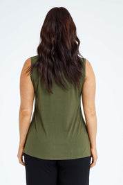 Model Laura wearing size L of the Drape Bamboo Cami in colour Olive (Green), from the back