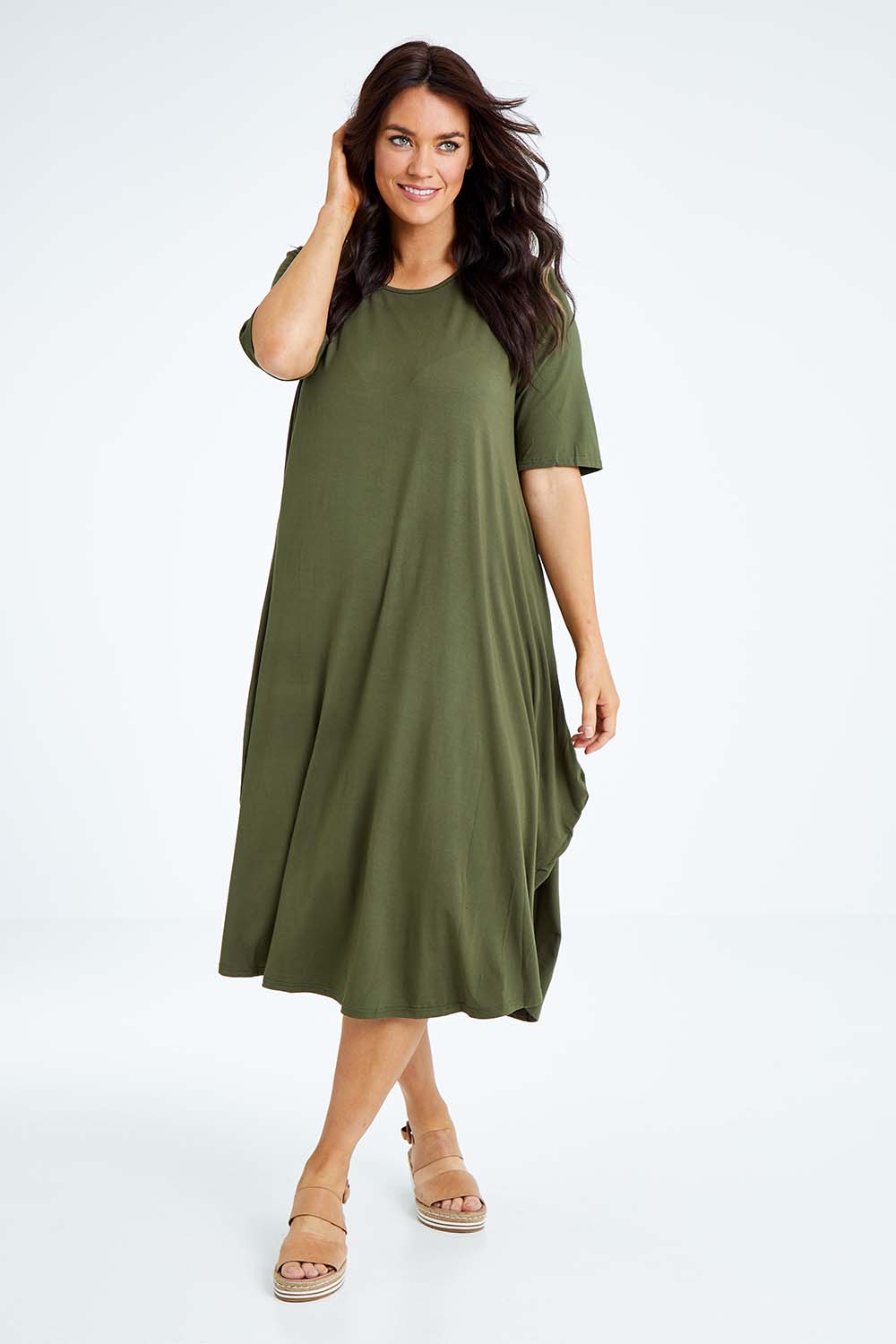 Model Laura wearing size L of the Half Sleeve Bamboo Maxi Dress in colour Olive (Green), from the front, showing the whole outfit