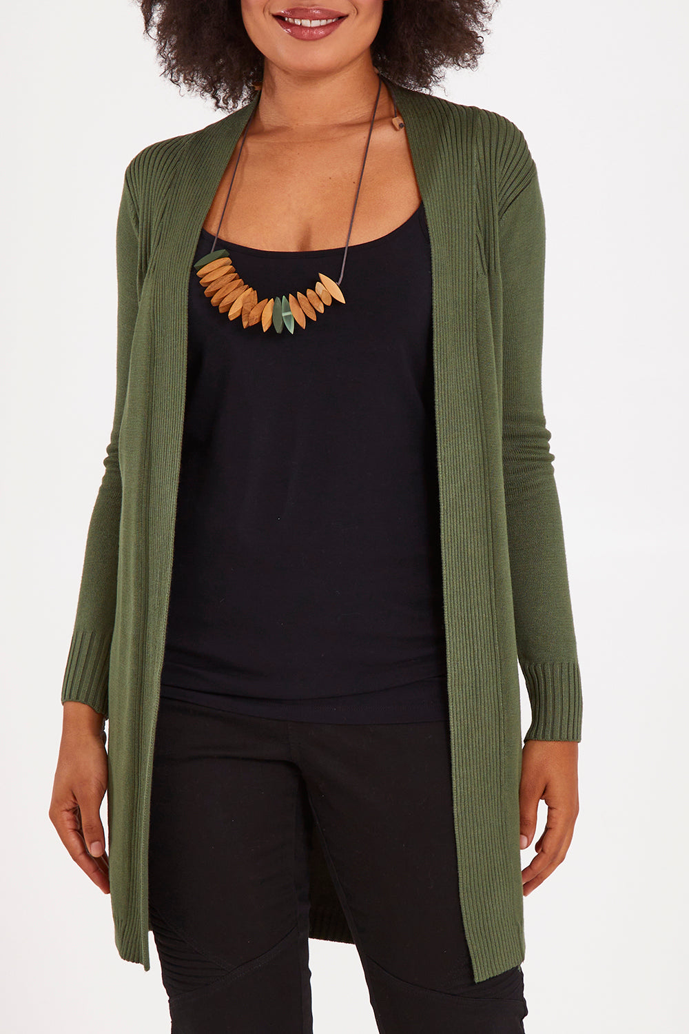 Model Olivia wearing size S of the Long Sleeve Open Ribbed Cardigan in colour Armygreen (Green), from the front, cropped image