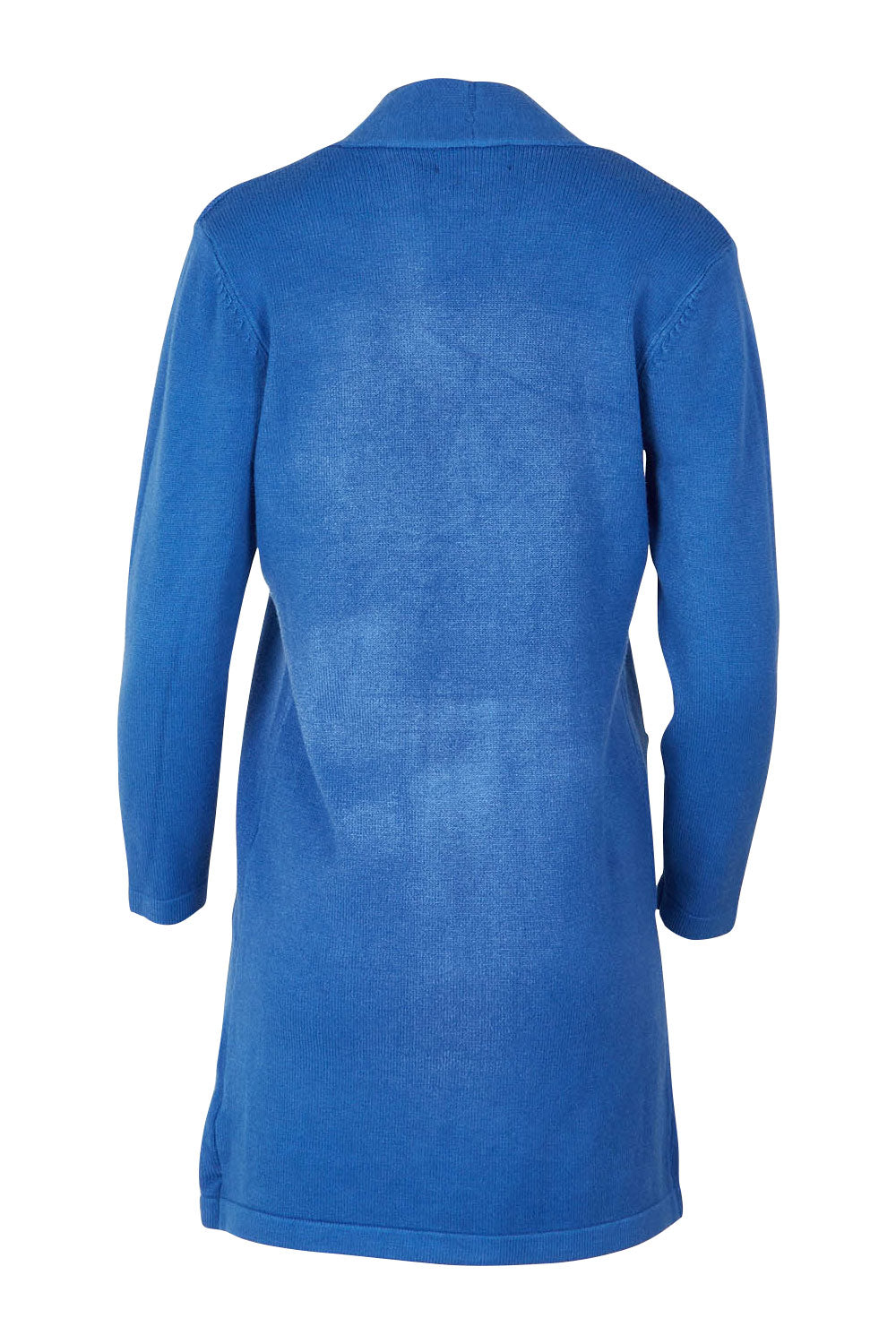 Product shot of the Long Sleeve Wool Blend Cardigan in colour Denim (Blue), from the back