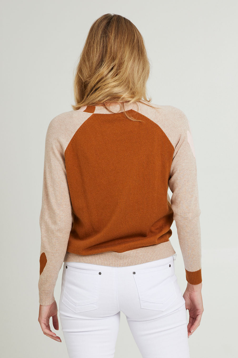 Model Grace wearing size S of the Hearts For You Cardi in colour Birch, from the back