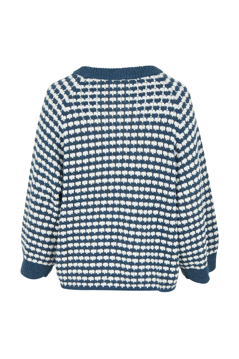 Product shot of the Texture Cotton Merino Jumper in colour Denim (Blue), from the back