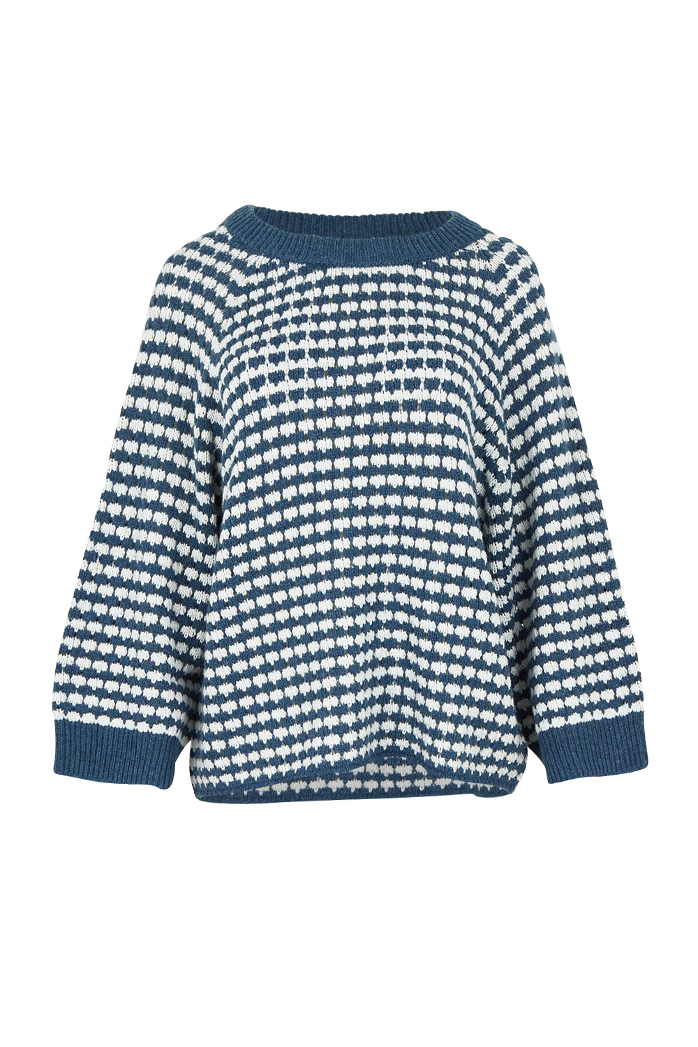 Product shot of the Texture Cotton Merino Jumper in colour Denim (Blue), from the front