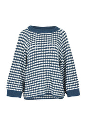 Product shot of the Texture Cotton Merino Jumper in colour Denim (Blue), from the front