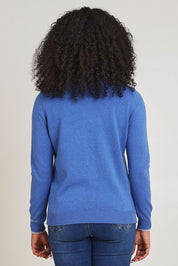 Model Ziara wearing size S of the Hancraft Cotton Cashmere Crew in colour Chambray (Blue), from the back