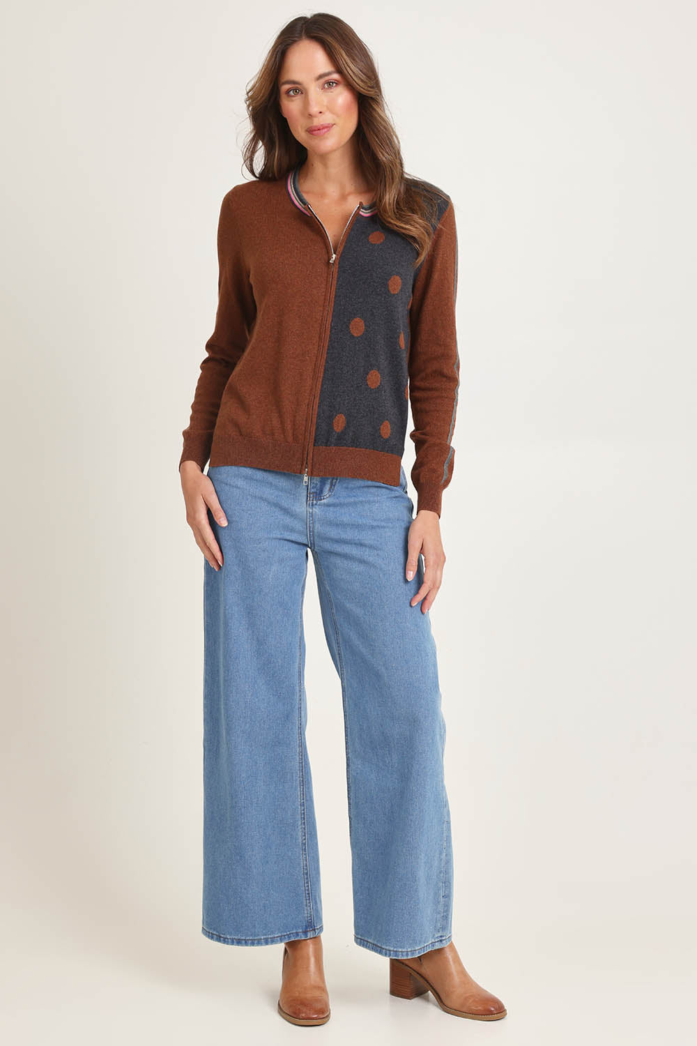 Stripe Spot Zip Up Cotton Cashmere Cardi – Coffee
