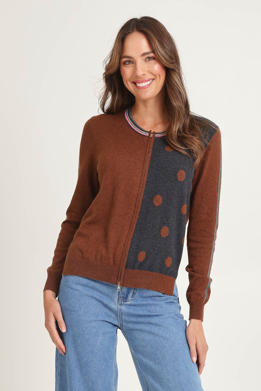 Stripe Spot Zip Up Cotton Cashmere Cardi – Coffee