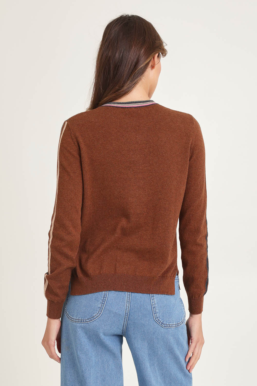 Stripe Spot Zip Up Cotton Cashmere Cardi – Coffee