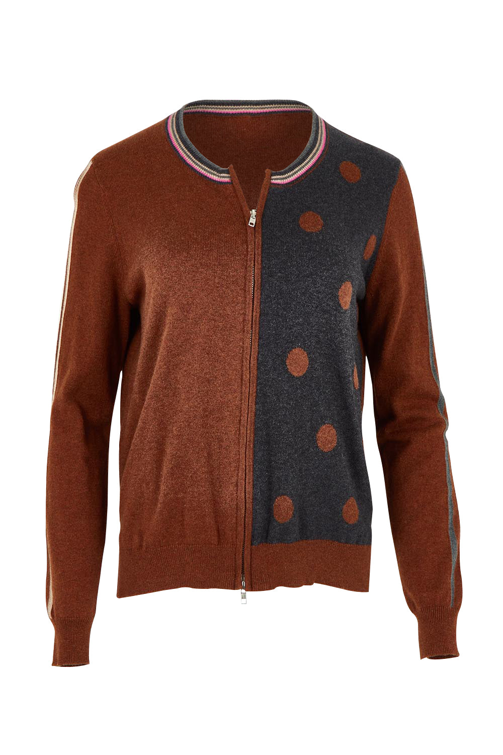 Stripe Spot Zip Up Cotton Cashmere Cardi – Coffee