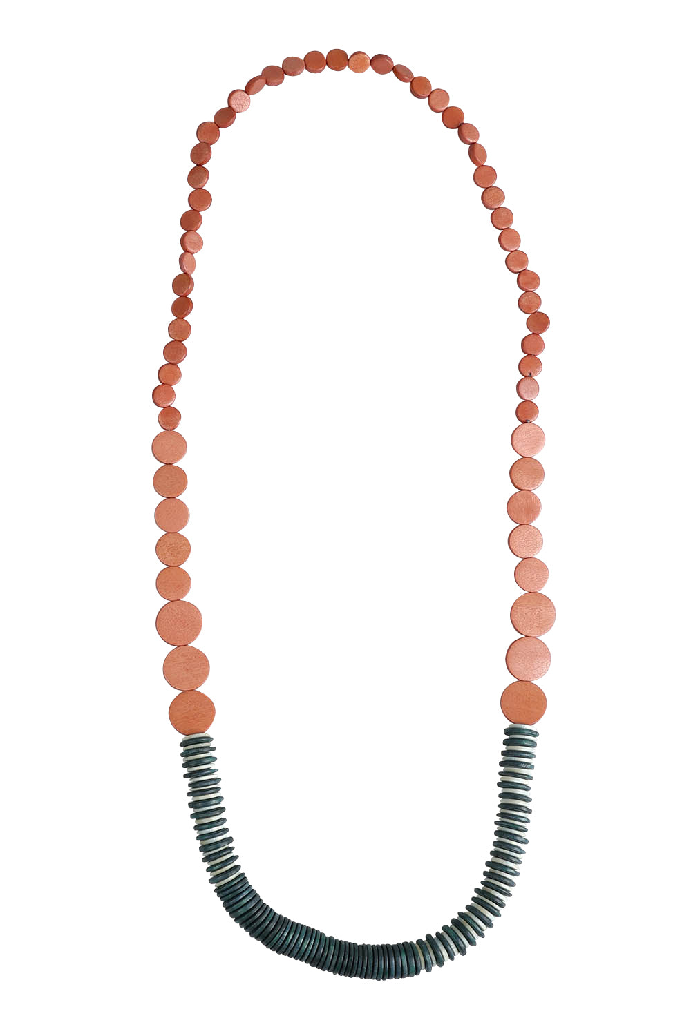 Product shot of the Laroda Wooden Necklace in colour Pinkteal, from the front