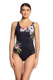 A model wearing the Freesia Adjustable Scoopback One Piece in colour Freesia (Black), from the front, showing the whole outfit