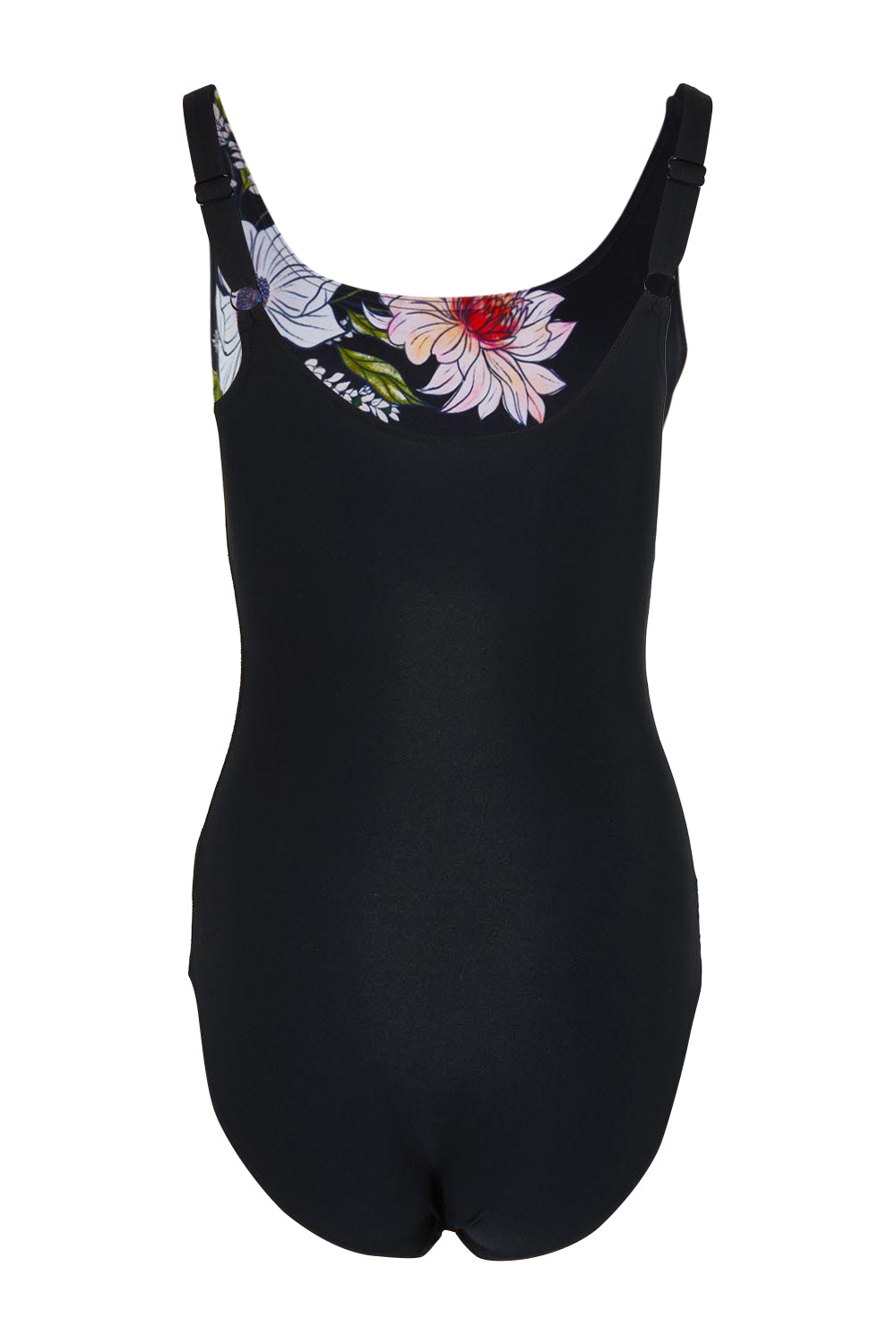 Product shot of the Freesia Adjustable Scoopback One Piece in colour Freesia (Black), from the back