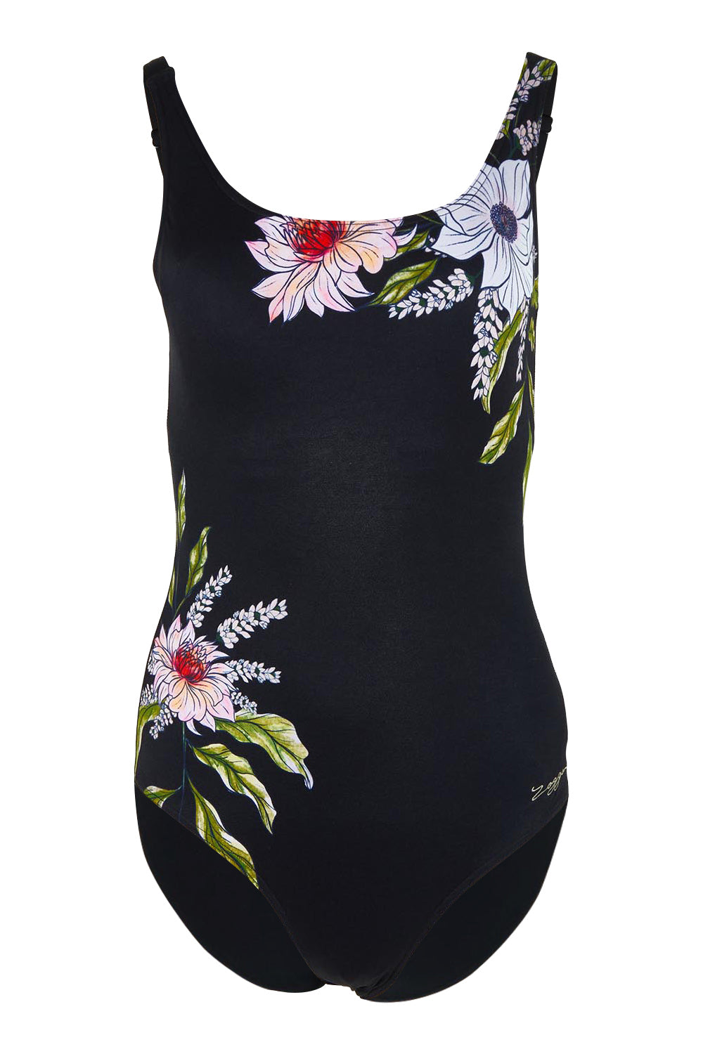 Product shot of the Freesia Adjustable Scoopback One Piece in colour Freesia (Black), from the front