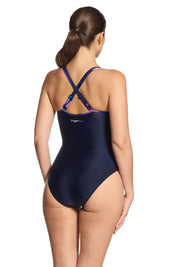 A model wearing the Multiway 1 Piece in colour Zephyr (Blue), from the back