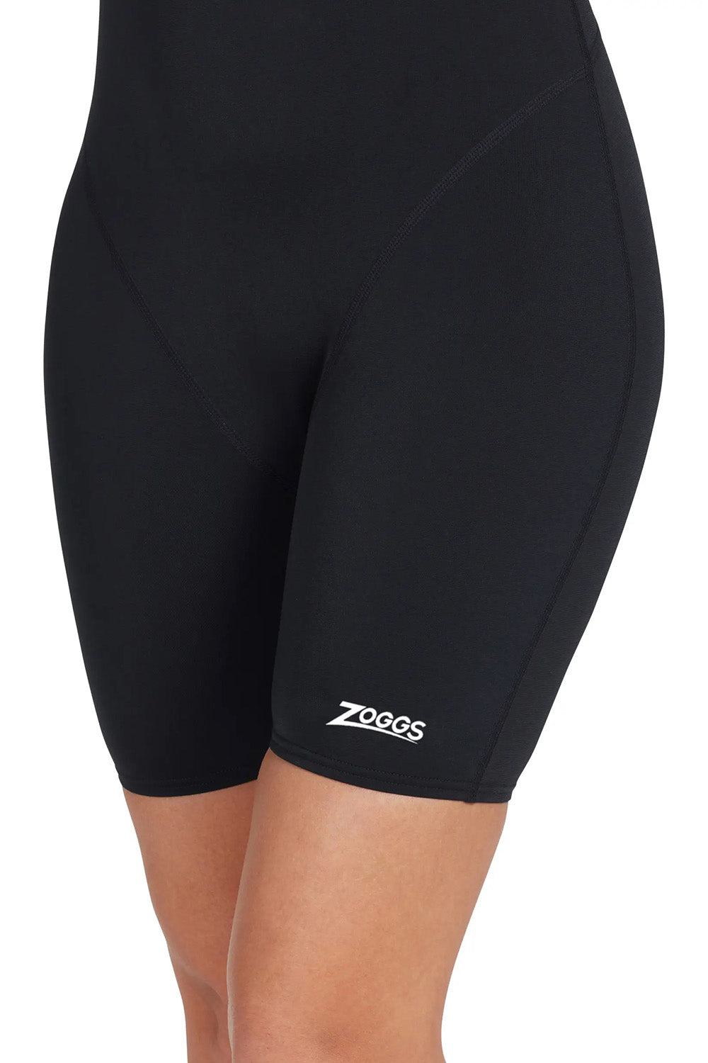 A model wearing the Cottesloe Legsuit One Piece in colour Black (Black), from the front, cropped image
