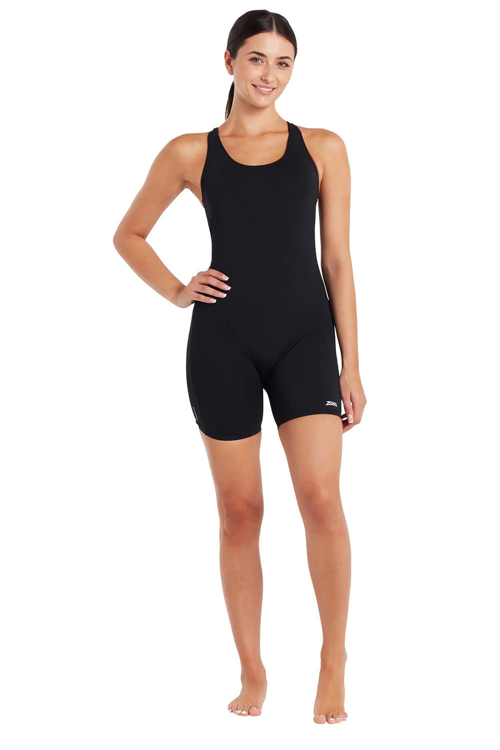 A model wearing the Cottesloe Legsuit One Piece in colour Black (Black), from the front, showing the whole outfit