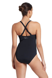 A model wearing the Multiway 1 Piece in colour Black (Black), from the back
