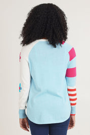 Model Ziara wearing size S of the My Happy Cotton Cashmere Jumper in colour Aqua (Blue), from the back